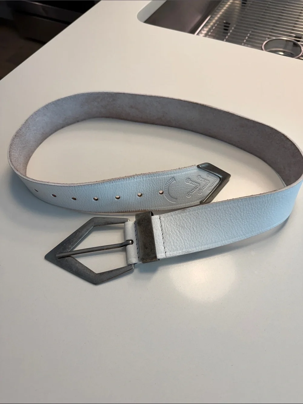 Free People White Leather Belt with Geometric Silver Buckle